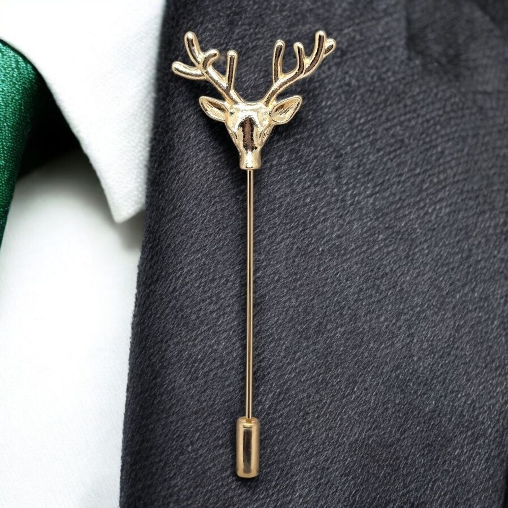 Gold Stag Deer Stick Pin Antler Lapel Brooch Mens Suit Tie Woodland Hunting